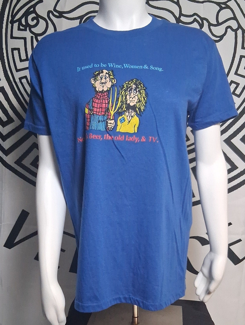 Vintage Blue Short Sleeve Graphic Tee with Cartoon Print